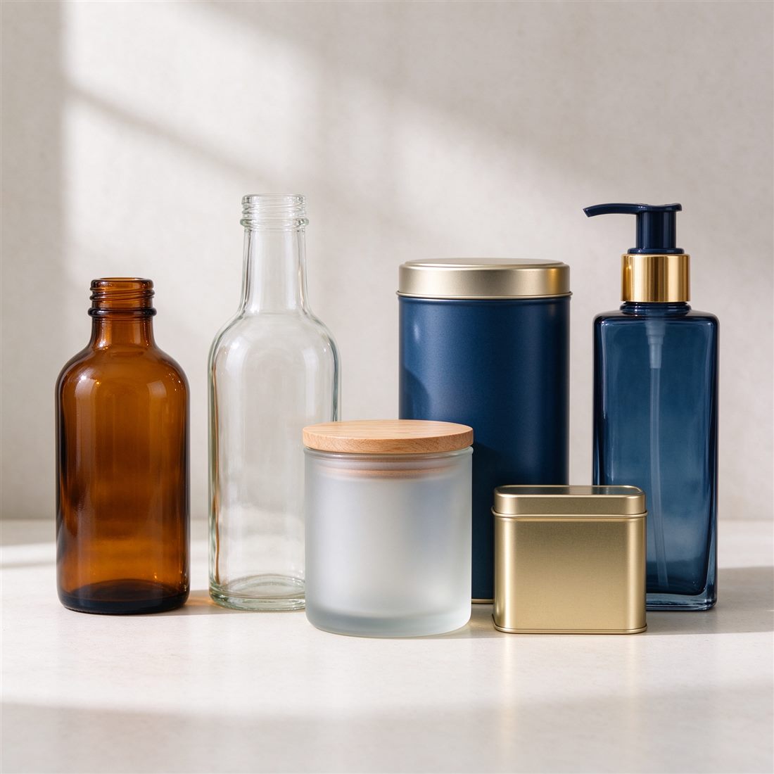 Glass jars, bottles and metal tins